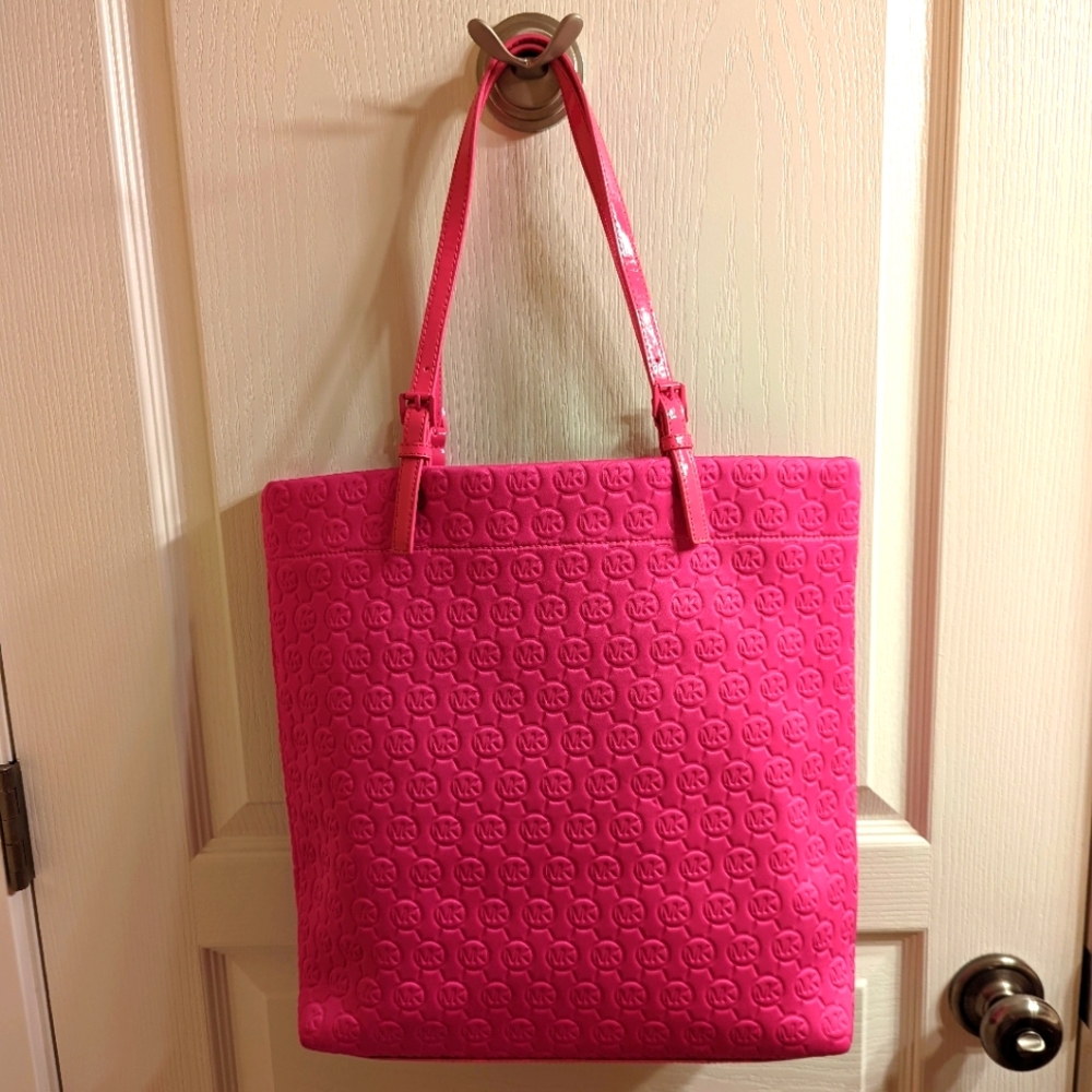 Michael Kors Hot Fucshia Pink Embossed Fabric Tote EUC